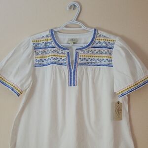 BNWT St John's Bay White Blouse with Blue and Yellow Embroidery